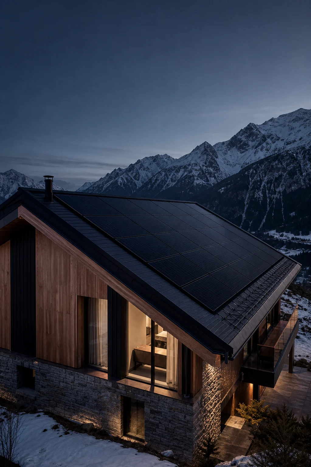 Architectural rendering of a Swiss building with an integrated full-black solar roof
