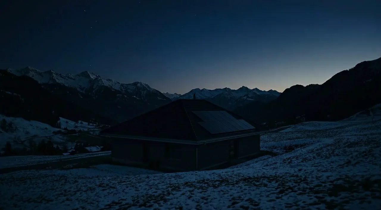 Swiss chalet with a photovoltaic system at sunrise