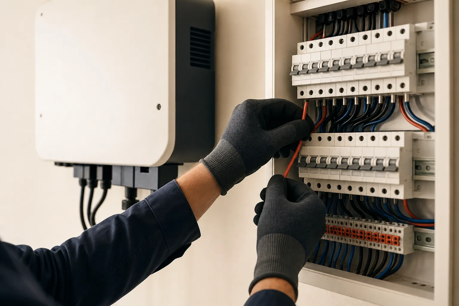 Electrical professional wiring the protection devices in a distribution cabinet next to the inverter