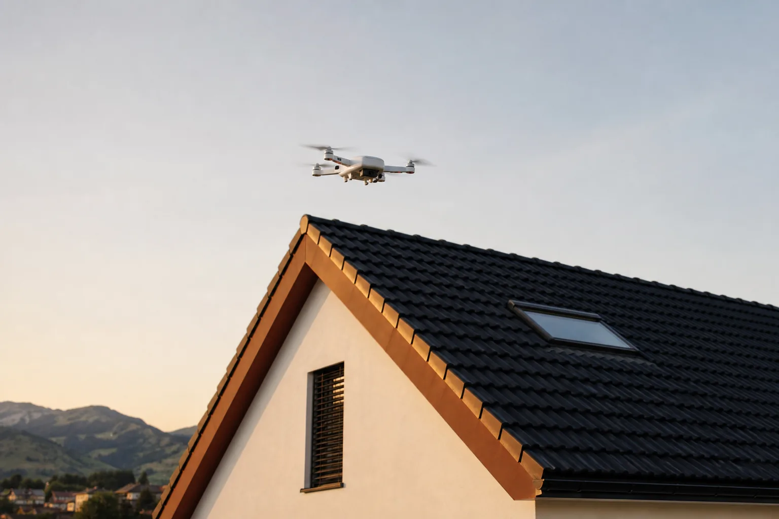 Survey drone above a pitched roof during property capture at dusk