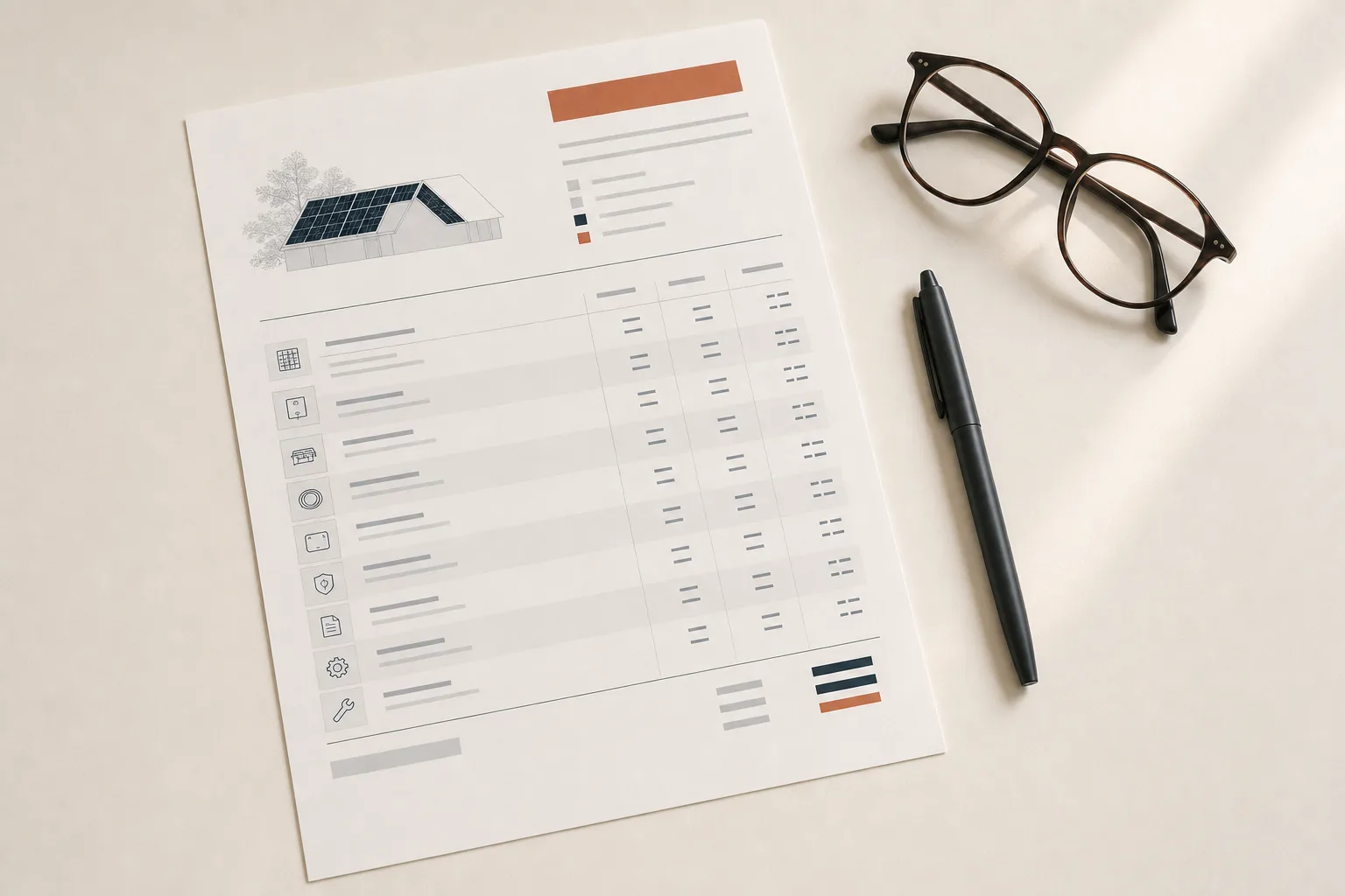 Printed photovoltaic quote with individually itemized positions next to glasses and a pen