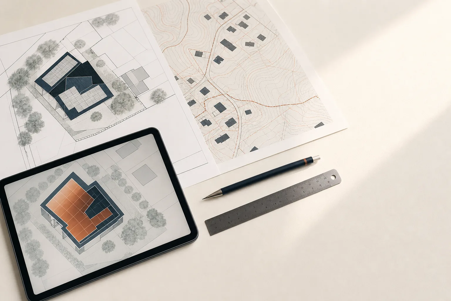 Tablet showing a 3D roof plan next to printed cadastral plans and elevation maps on a light desk